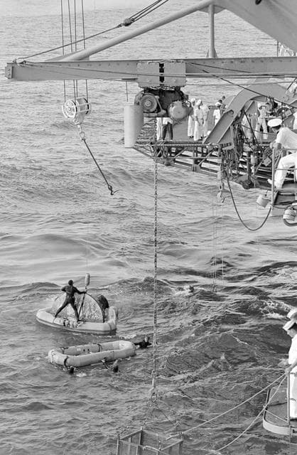 NASA image: GEMINI-TITAN (GT)-10 - RECOVERY - HOISTED ABOARD - ATLANTIC