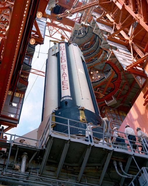 NASA image: Prelaunch - Apollo VII (Erection of First Stage) - KSC