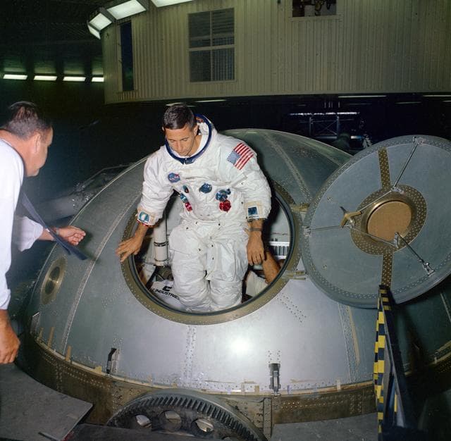 NASA image: Apollo 8 prime crew inside centrifuge gondola in bldg 29 during training