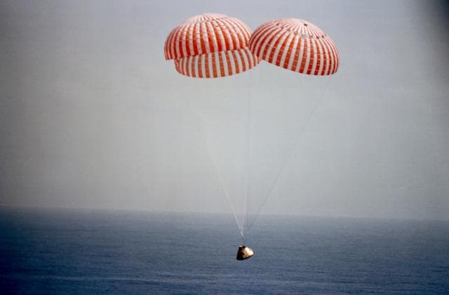 NASA image: Photo - Apollo/Saturn (A/S)-11 - 500 Ft. Above Water - Chutes deployed