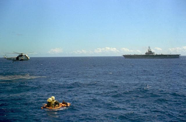 NASA image: Apollo 16 Command Module during recovery operations after splashdown