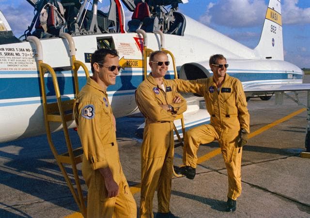NASA image: Skylab 4 crewmen at Ellington AFB before flying to Kennedy Space Center