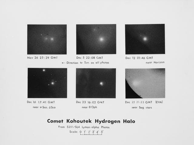 NASA image: Six frames of S201 experiment photograph showing halo of Comet Kohoutek