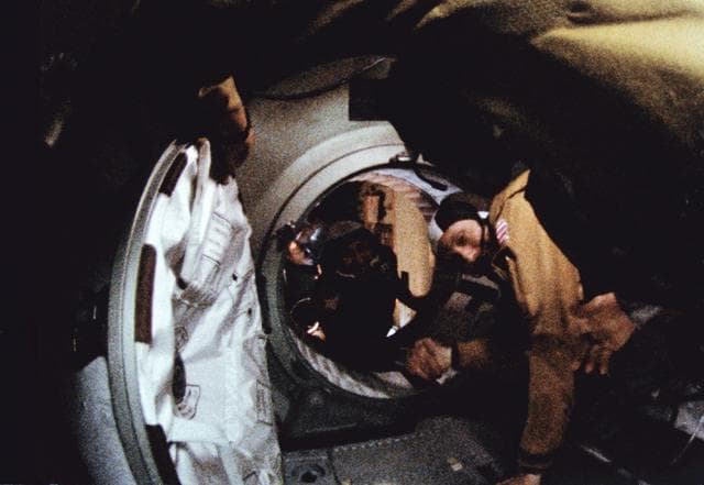 NASA image: ONBOARD PHOTOS - APOLLO-SOYUZ TEST PROJECT (ASTP) - "HANDSHAKE IN SPACE"