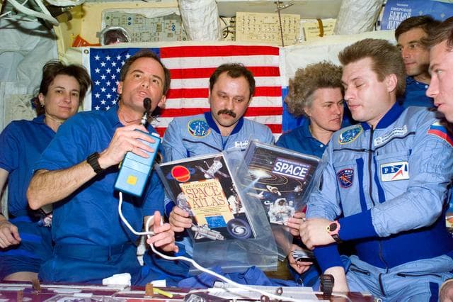 NASA image: Welcome ceremony and gift exchange in the Mir Base Module