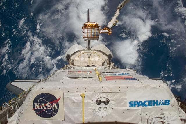 NASA image: SPARTAN satellite on RMS arm above Endeavour's payload bay