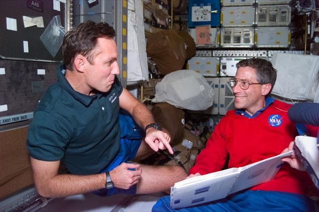 NASA image: Astronauts Waltz and Apt in Spacehab module