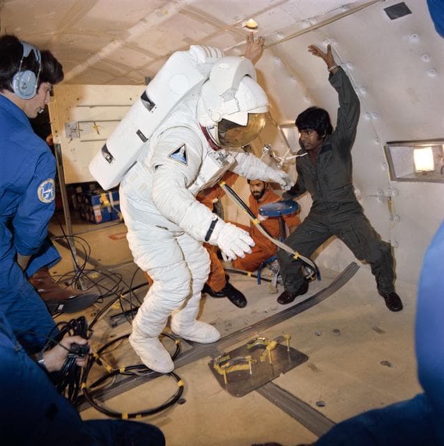 NASA image: Astronaut C. Gordon Fullerton in donning/doffing exercise experiences
