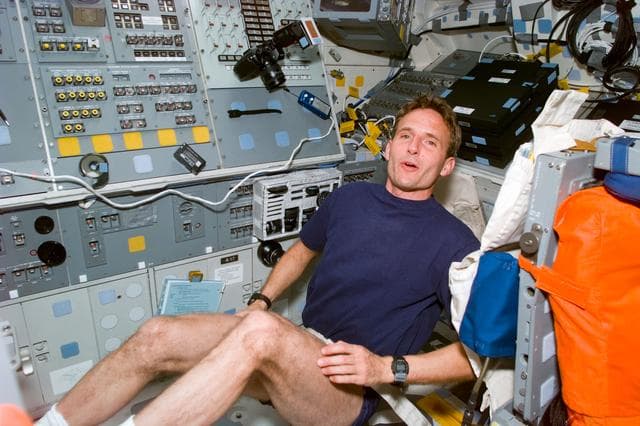 NASA image: MS Linenger exercises on the ergometer