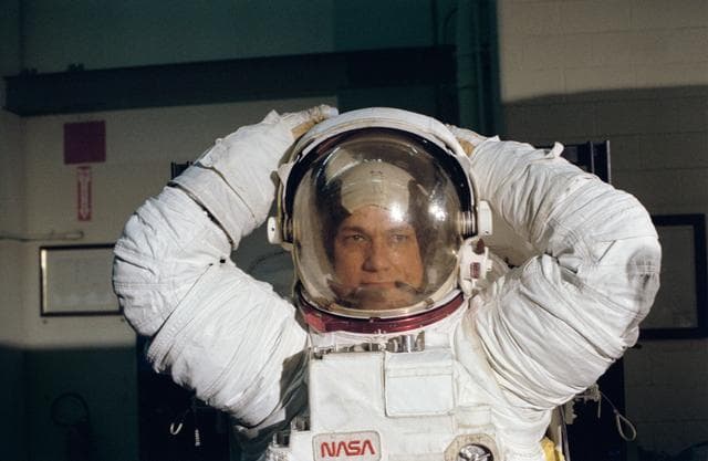 NASA image: Astronaut Bruce McCandless modeling the EMU/MMU