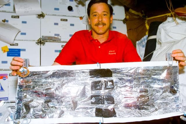 NASA image: Horowitz shows off the hand-crafted thermal insulation he made for the HST