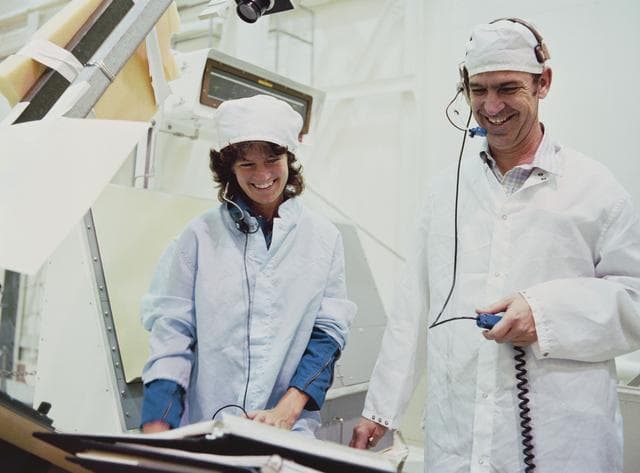 Astronaut Sally K. Ride and John Fabian participates in crew mission test