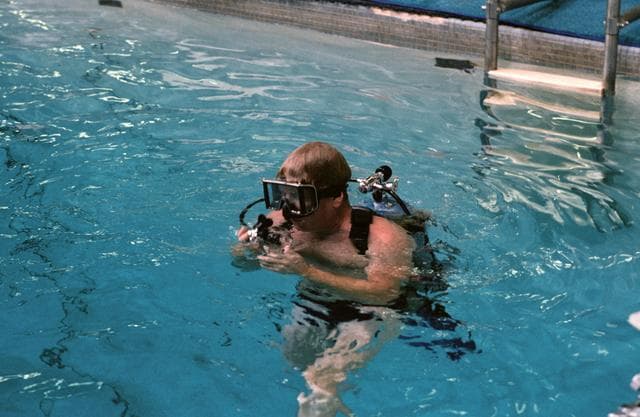 NASA image: Preparations for Underwater EVA training for the STS 41-G crew