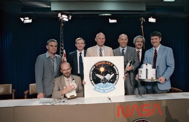 NASA image: STS 51-F crew members during news conference