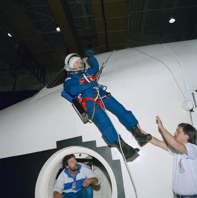 NASA image: STS-29 MS Bagian during post landing egress exercises in JSC FFT mockup