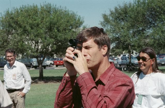 NASA image: STS-29 Discovery, OV-103, crewmembers participate in IMAX camera training