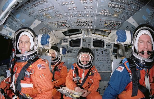 NASA image: STS-29 Discovery, OV-103, crewmembers in JSC crew compartment trainer (CCT)