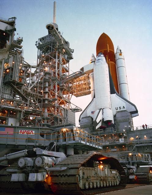 NASA image: STS-28 Columbia, OV-102, is left at KSC LC Pad 39B by crawler transporter