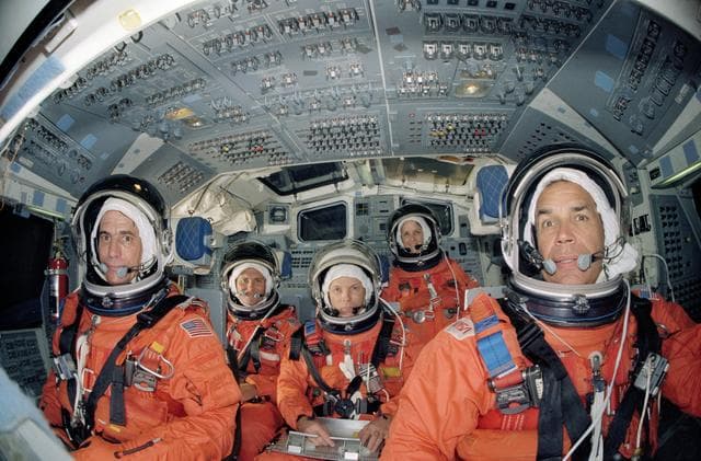 NASA image: STS-33 crewmembers during training exercise in JSC Mockup and Integration Lab