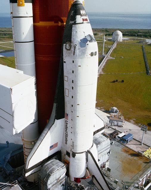 NASA image: STS-32 Columbia, OV-102, is positioned on the hard stand at KSC LC Pad 39A
