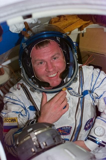 NASA image: MS Thomas wears a Sokol spacesuit on the Mir Space Station
