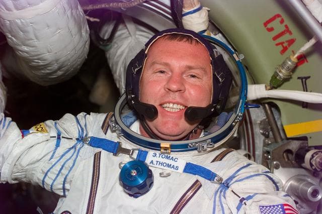 NASA image: MS Thomas wears a Sokol spacesuit on the Mir Space Station