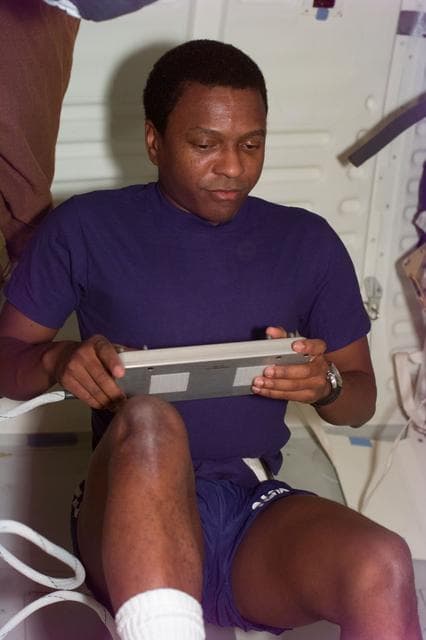 NASA image: MS Anderson exercises on an ergometer