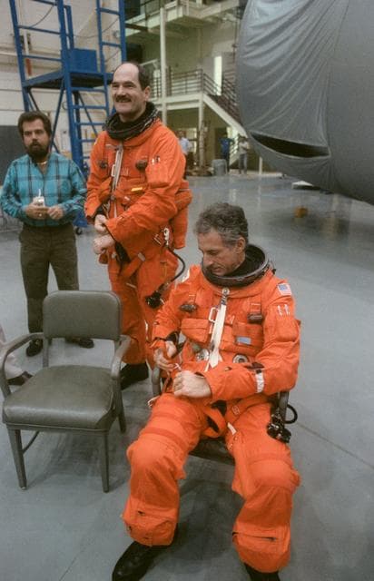 NASA image: STS-35 Pilot Gardner and MS Hoffman during egress training at JSC