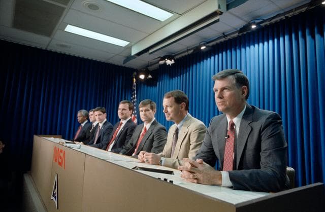 NASA image: STS-39 crewmembers participate in preflight press conference at JSC's Bldg 2