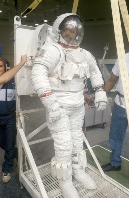 NASA image: STS-55 MS3 Bernard A. Harris, Jr in EMU at JSC's WETF for EVA simulation