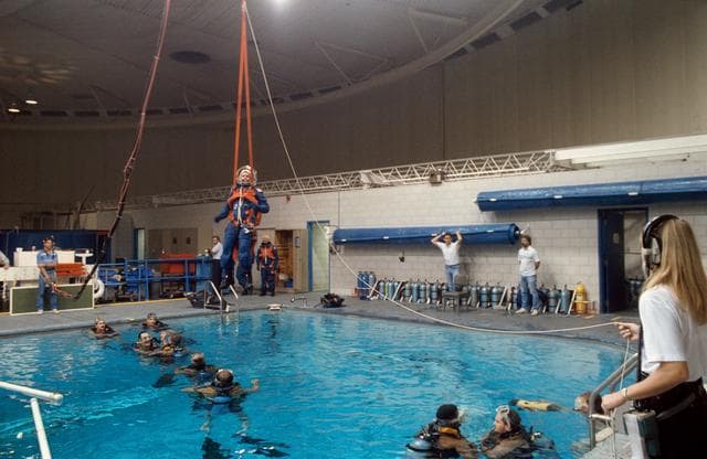 NASA image: STS-45 backup Payload Specialist Chappell during water egress training at JSC