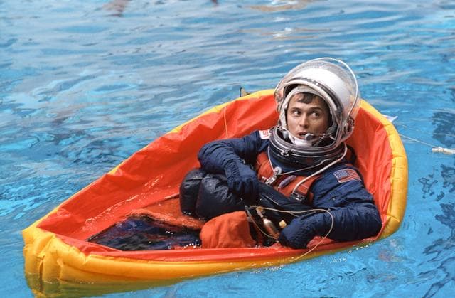 NASA image: STS-46 MS Chang-Diaz floats in life raft during water egress training at JSC
