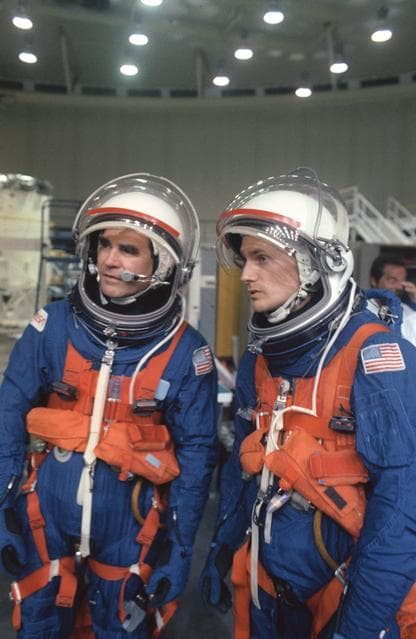 NASA image: STS-52 MS Veach and Payload Specialist MacLean during JSC bailout exercises