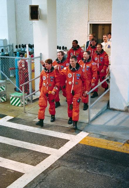 NASA image: STS-55 SL-D2 crew, in LESs, rehearse launch procedures during TCDT at KSC