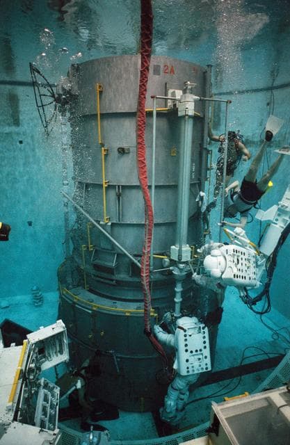 NASA image: STS-61 crewmembers in the WETF rehearsing for HST repair mission