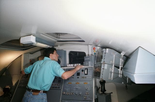 NASA image: Cosmonaut Sergei Krikalev practices with RMS during training exercise