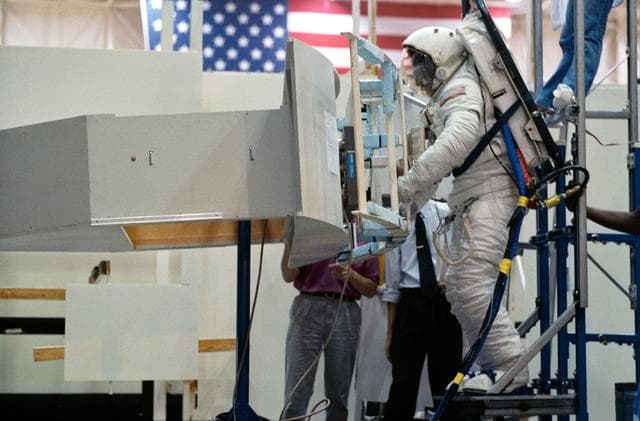 NASA image: STS-61 air-bearing floor training in bldg 9N with Astronaut Jeff Hoffman