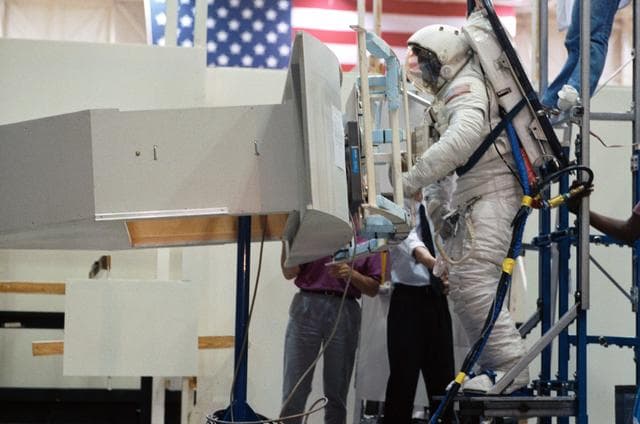 NASA image: STS-61 air-bearing floor training in bldg 9N with Astronaut Jeff Hoffman