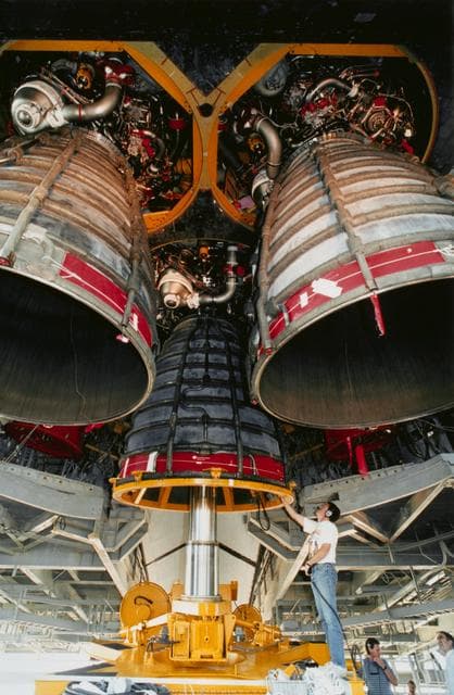 NASA image: View of three main engines in preparation for STS-51