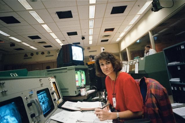 NASA image: EVA console personnel during STS-61 simulations