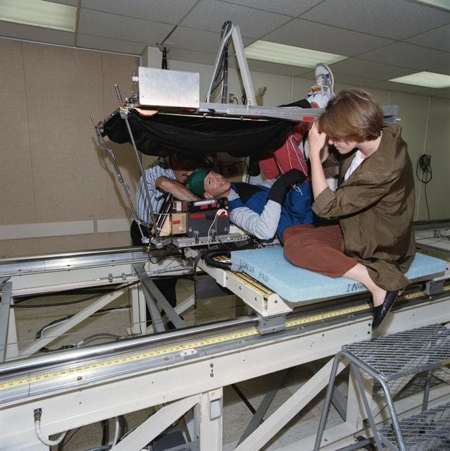 NASA image: Payload specialist Martin Fettmen during data collection neurovestibular test