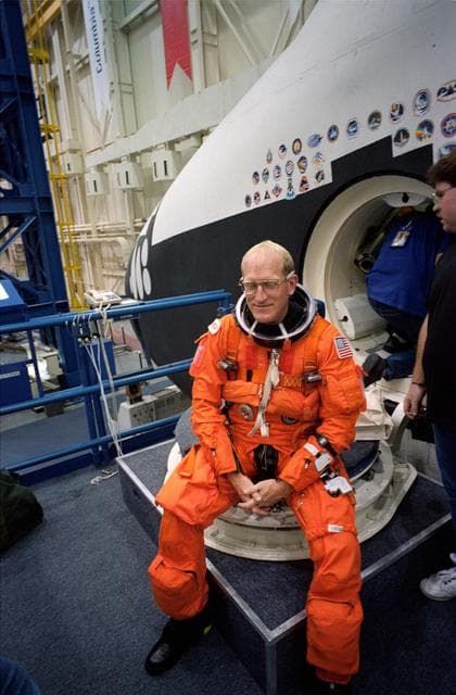NASA image: STS-62 Preflight training in Crew Compartment Trainer (CCT) in bldg 9A