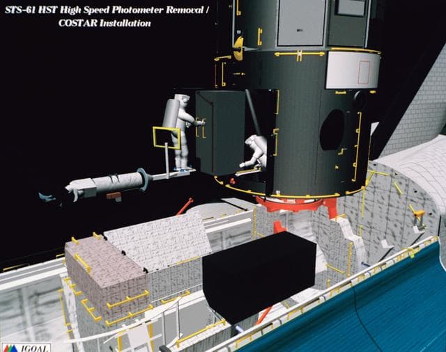 NASA image: Computer-generated scenes depicting the HST capture and EVA repair mission