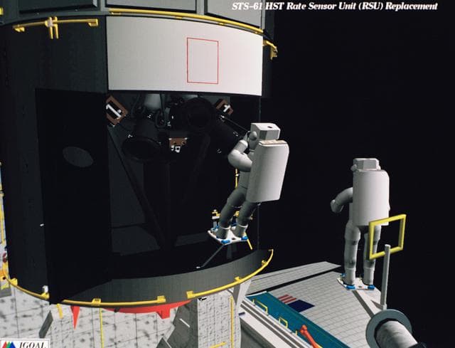 NASA image: Computer-generated scenes depicting the HST capture and EVA repair mission