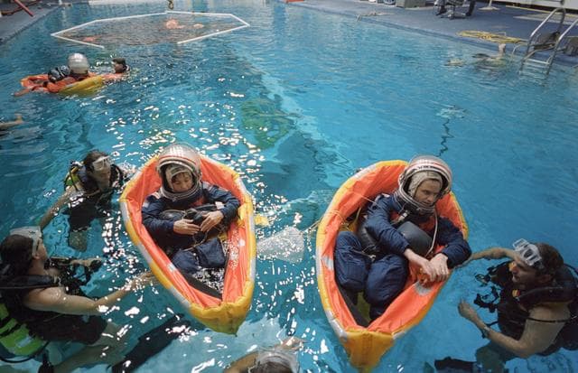 NASA image: STS-59 crewmembers during WETF bailouts