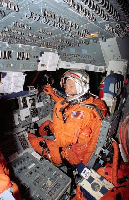 NASA image: Astronaut Curtis Brown on flight deck mockup during training