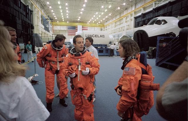 NASA image: Astronaut Jean-Francois Clervoy chats with STS-66 crewmates
