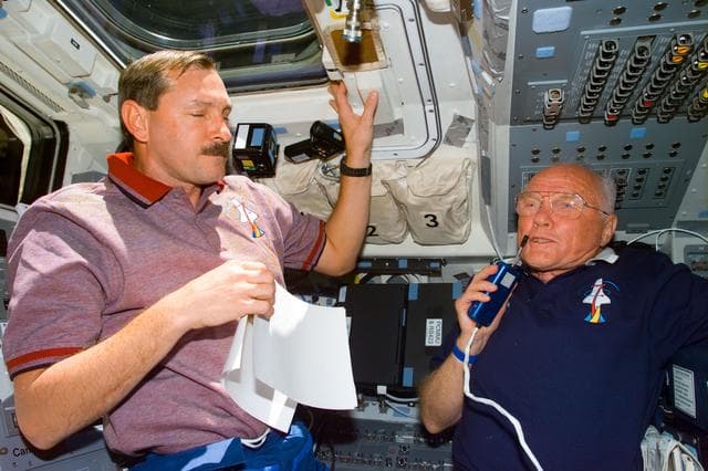 NASA image: Glen and Brown on aft flight deck