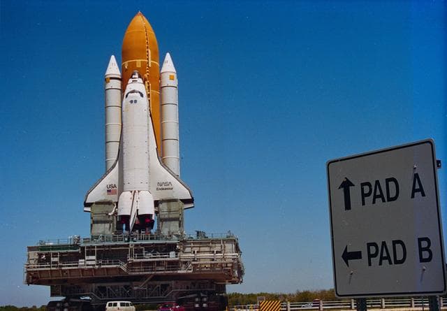 NASA image: Pre-flight views of orbiter Endeavour on way to launch pad for STS-77