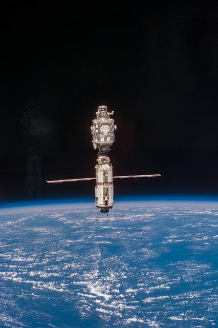 NASA image: View of the ISS stack as seen during the fly-around by the STS-96 crew